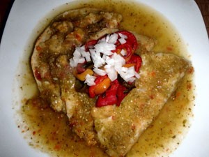 green enchiladas with roasted peppers and onions